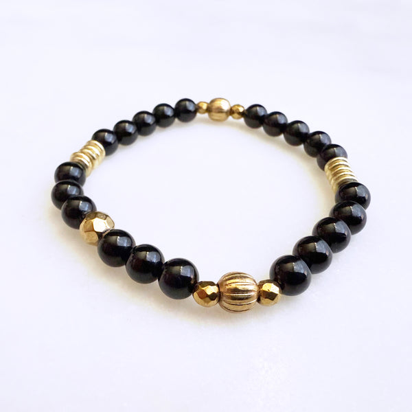 Black Onyx and Gold Brass Beads Gemstones Crystals Boho Hippie Design - Stretch Bracelet Handmade Jewelry