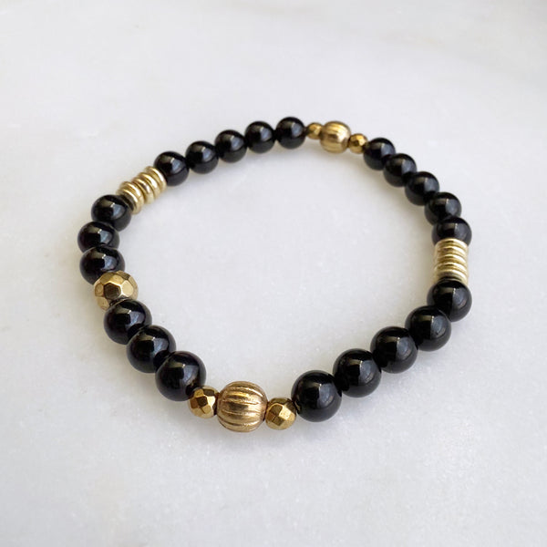 Black Onyx and Gold Brass Beads Gemstones Crystals Boho Hippie Design - Stretch Bracelet Handmade Jewelry