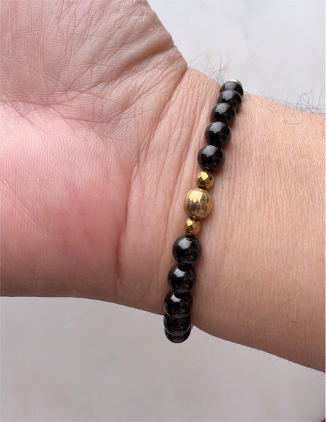Black Onyx and Gold Brass Beads Gemstones Crystals Boho Hippie Design - Stretch Bracelet Handmade Jewelry