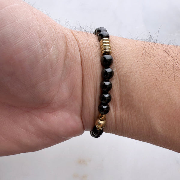 Black Onyx and Gold Brass Beads Gemstones Crystals Boho Hippie Design - Stretch Bracelet Handmade Jewelry
