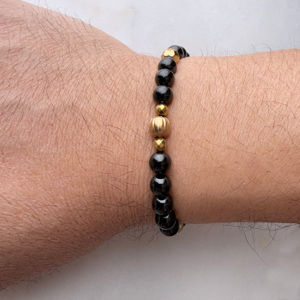 Black Onyx and Gold Brass Beads Gemstones Crystals Boho Hippie Design - Stretch Bracelet Handmade Jewelry