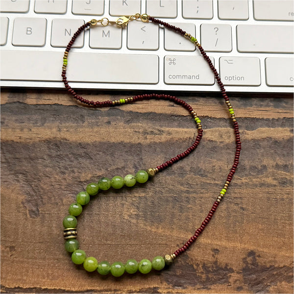 Canadian Jade Gemstones Crystals & Glass Beads Boho Hippie Beach Design - Handmade Jewelry Necklace
