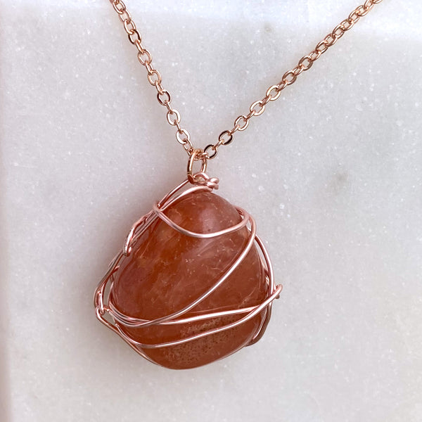 Carnelian Tumbled Crystal Gemstone Wirewrapped 01 - 16 Kt Rose Gold plated chain necklace Handmade Jewelry - Great gift