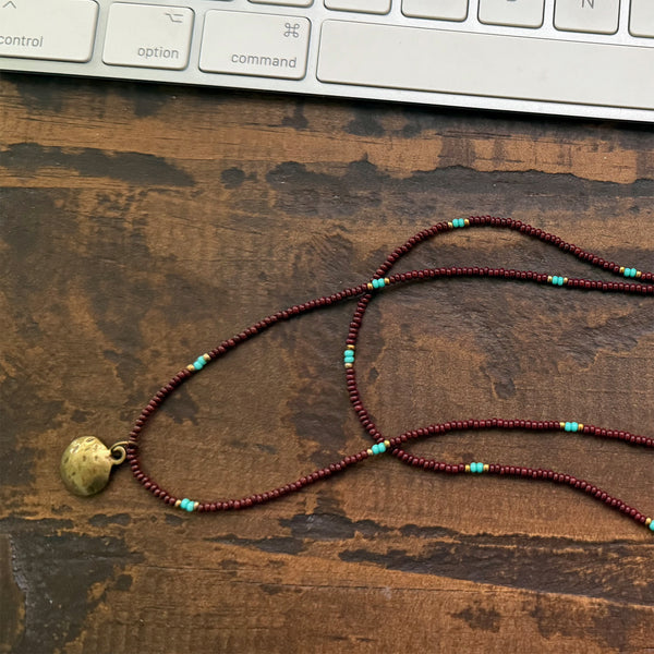 Chocolate & Turquoise Glass Beads Layered Necklace Boho Hippie Beach Design - Handmade Jewelry