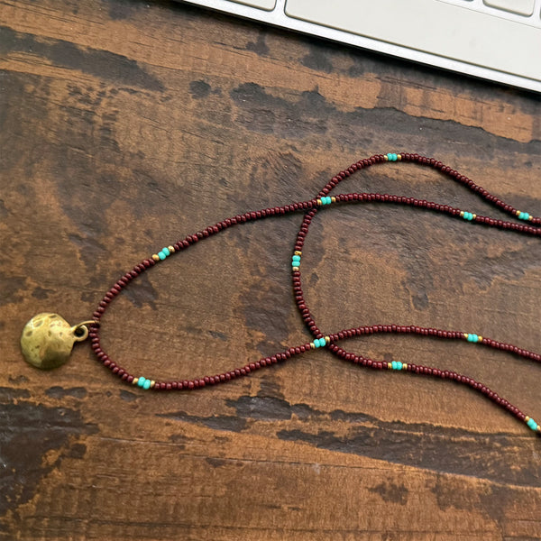 Chocolate & Turquoise Glass Beads Layered Necklace Boho Hippie Beach Design - Handmade Jewelry