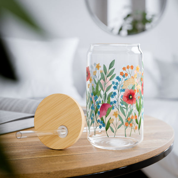 Wildflowers design 02 Eco-Friendly 16oz Sipper Glass w/ Bamboo Lid, Drinkware, glass water bottle, Beverage Container, Reusable, Glassware, Home Gifts