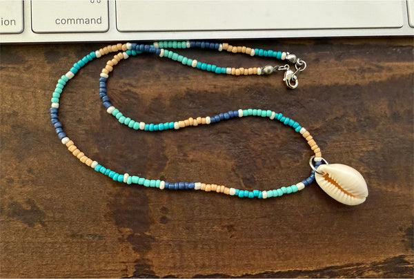 Cowrie Shell & Glass Beads Boho Hippie Beach Design - Handmade Jewelry Necklace
