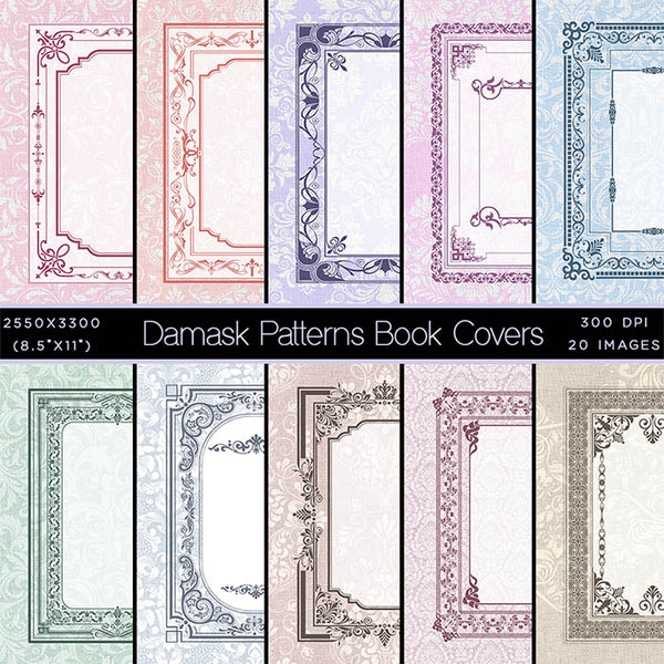 Damask Patterns on Linen Book Covers with Spine Vol 1 - 20 High Resolution Images - Instant Download Digital Clip art