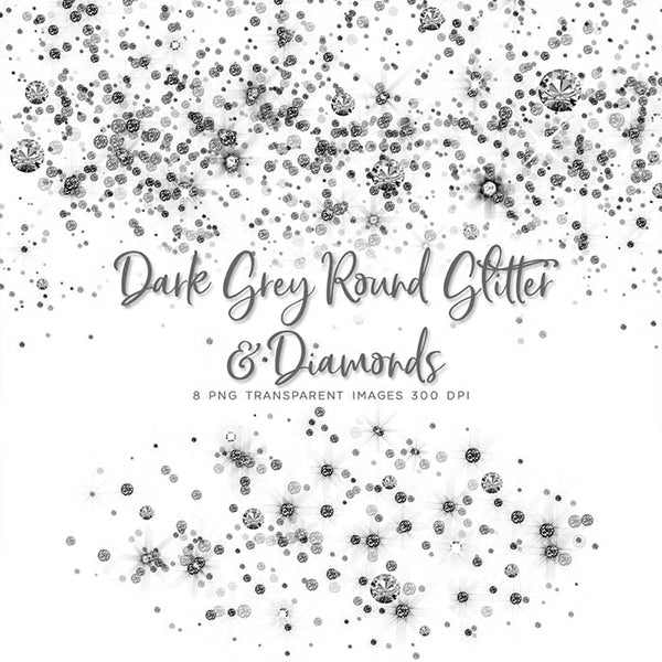 Dark Grey Round Glitter Dust & Diamonds 01 - sparkly 8 PNG Transparent Overlays High Resolution - Instant Download Digital Clip art