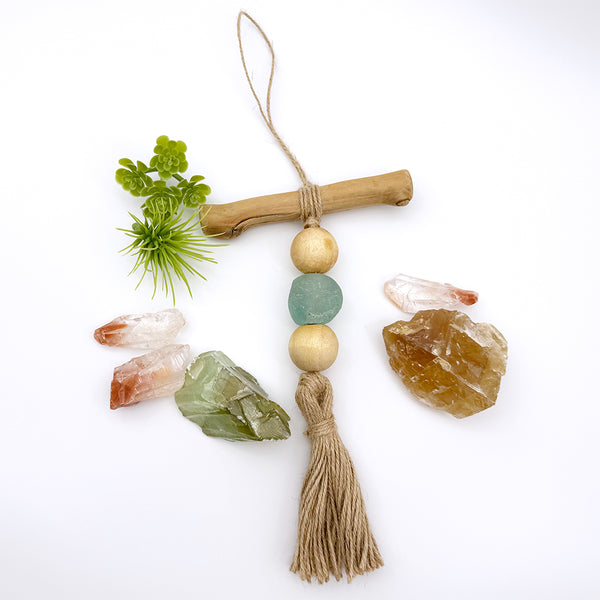 Home Decor Wall Hanging Ornament - Farmhouse Beach Driftwood Boho Sea Glass Garland, Wood Bead Tassels