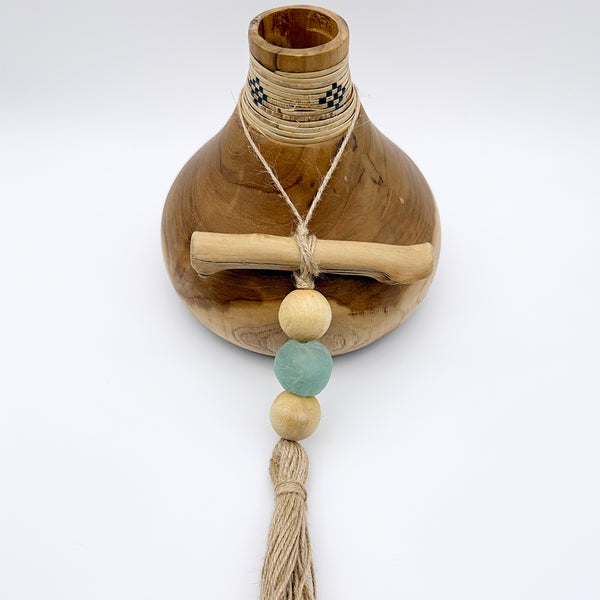 Home Decor Wall Hanging Ornament - Farmhouse Beach Driftwood Boho Sea Glass Garland, Wood Bead Tassels