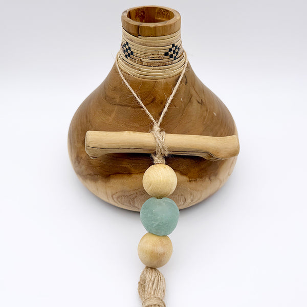 Home Decor Wall Hanging Ornament - Farmhouse Beach Driftwood Boho Sea Glass Garland, Wood Bead Tassels