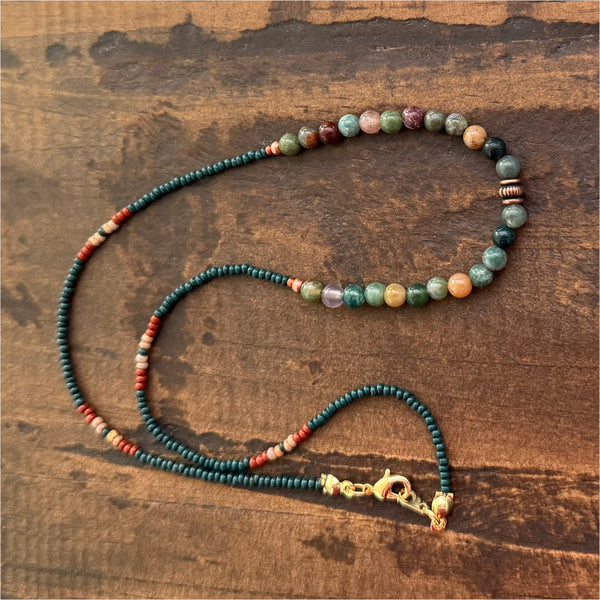 Fancy Agate Gemstones Crystals & Glass Beads Boho Hippie Beach Design - Handmade Jewelry Necklace