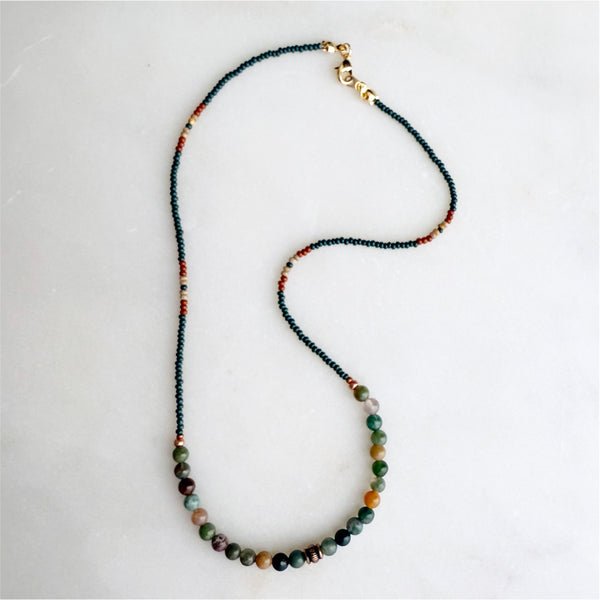 Fancy Agate Gemstones Crystals & Glass Beads Boho Hippie Beach Design - Handmade Jewelry Necklace