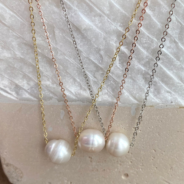 Genuine Freshwater Pearl Large Size Floating Pearl on Silver-Plated Chain or Gold-Plated Chain Necklace Handmade Boho Beach Jewelry