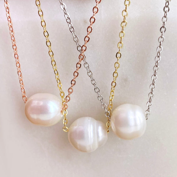 Genuine Freshwater Pearl Large Size Floating Pearl on Silver-Plated Chain or Gold-Plated Chain Necklace Handmade Boho Beach Jewelry