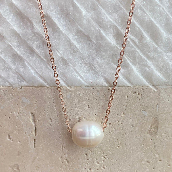 Genuine Freshwater Pearl Large Size Floating Pearl on Silver-Plated Chain or Gold-Plated Chain Necklace Handmade Boho Beach Jewelry