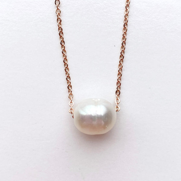 Genuine Freshwater Pearl Large Size Floating Pearl on Silver-Plated Chain or Gold-Plated Chain Necklace Handmade Boho Beach Jewelry