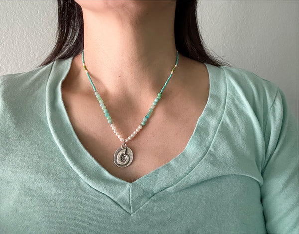Ammonite Pendant on Blue Green Amazonite and Freshwater Pearls Gemstones Crystals Boho Hippie Beach Design - Handmade Jewelry Necklace