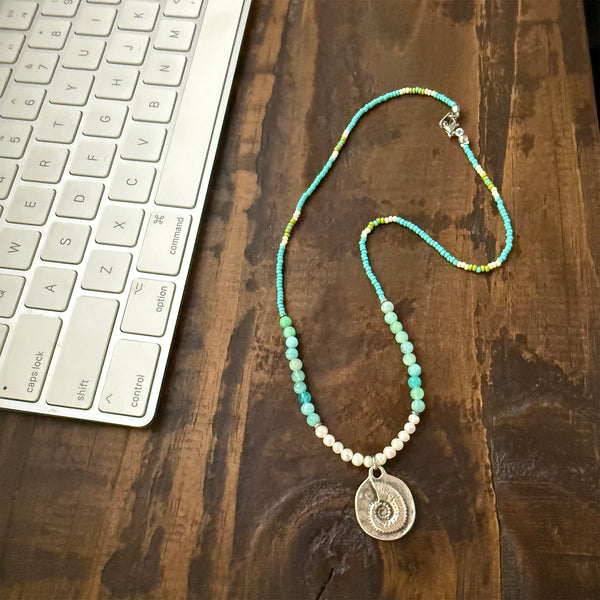 Ammonite Pendant on Blue Green Amazonite and Freshwater Pearls Gemstones Crystals Boho Hippie Beach Design - Handmade Jewelry Necklace