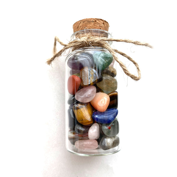 Mix of Small Natural Crystal Gemstones in a 2.5" Display Glass Bottle, Clear Quartz, Amethyst, Green Aventurine, Sodalite, Tiger's Eye, Red Jasper, Labradorite and More