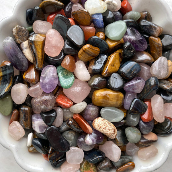 Mix of Small Natural Crystal Gemstones in a 2.5" Display Glass Bottle, Clear Quartz, Amethyst, Green Aventurine, Sodalite, Tiger's Eye, Red Jasper, Labradorite and More