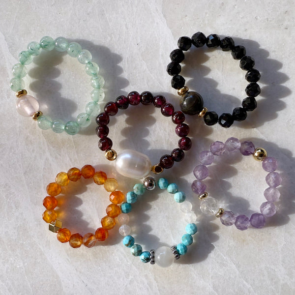 Gemstone Beaded Stretch Rings - Aquamarine Amethyst Carnelian Turquoise Topaz Gold - Handmade Jewelry