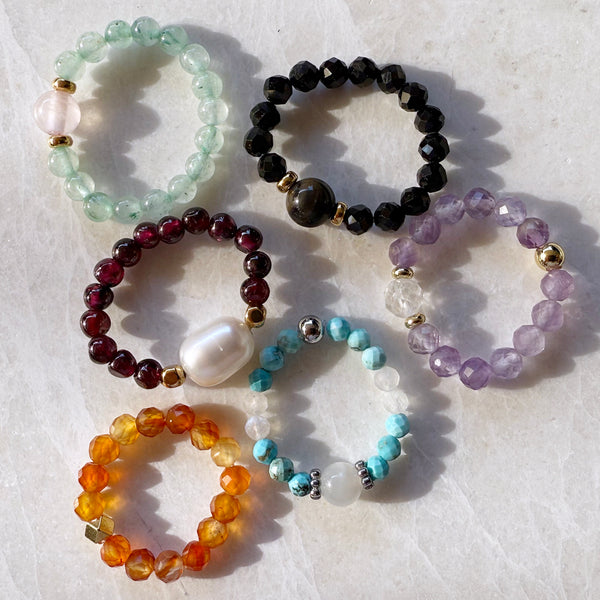 Gemstone Beaded Stretch Rings - Aquamarine Amethyst Carnelian Turquoise Topaz Gold - Handmade Jewelry