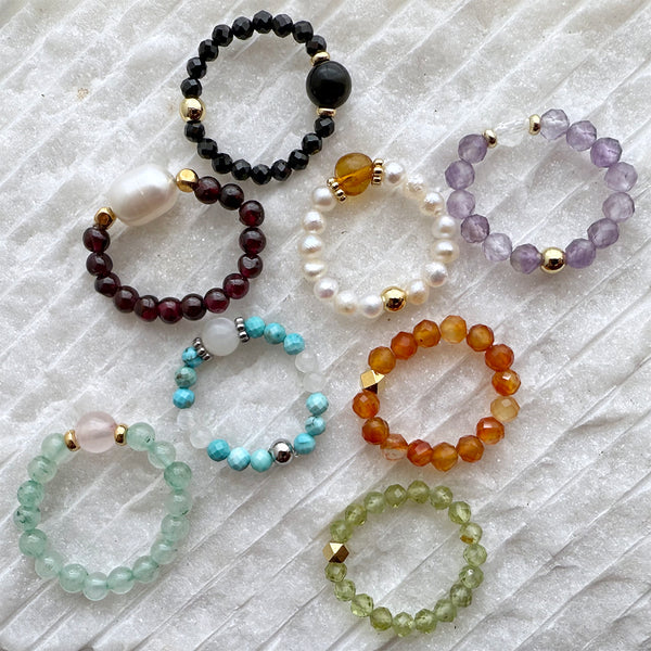 Gemstone Beaded Stretch Rings - Aquamarine Amethyst Carnelian Turquoise Topaz Gold - Handmade Jewelry