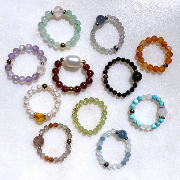 Gemstone Beaded Stretch Rings - Aquamarine Amethyst Carnelian Turquoise Topaz Gold - Handmade Jewelry