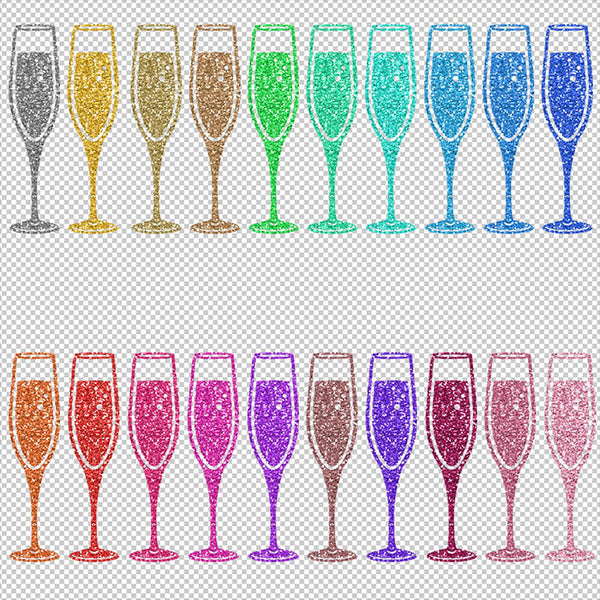 Glittery Sparkly Glitter Champagne Drinking Glass - 22 Different Colors PNG Transparent Images - Instant Download Digital Clip art