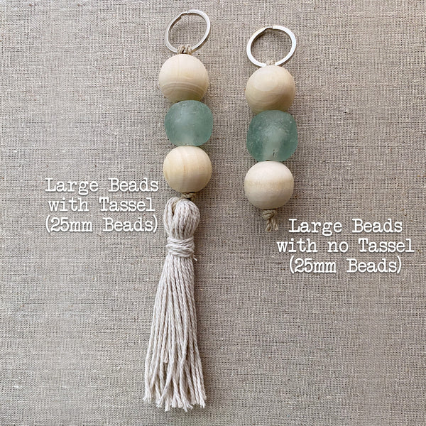 Sea Glass and Natural Wood Bead Keychain, Beach keychain, Boho style, purse charm, Wood Bead Keychain, boho car accessory, key fob