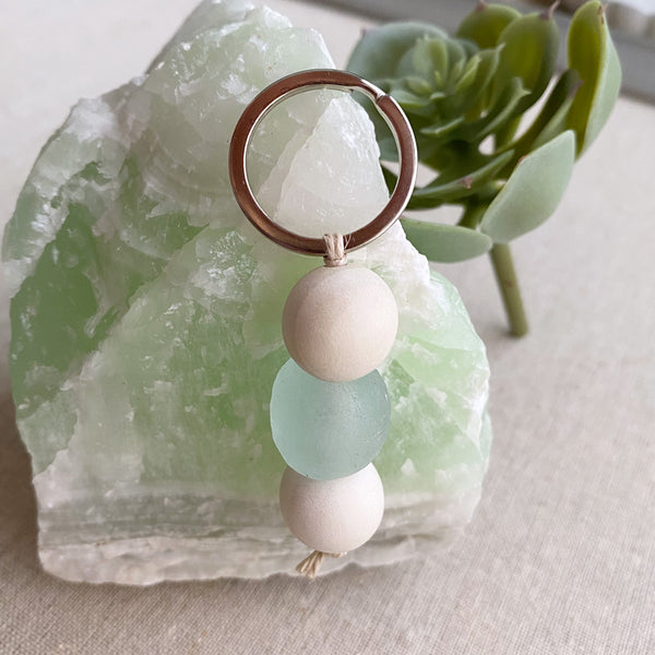 Sea Glass and Natural Wood Bead Keychain, Beach keychain, Boho style, purse charm, Wood Bead Keychain, boho car accessory, key fob