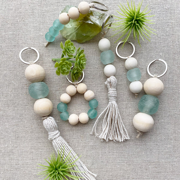 Sea Glass and Natural Wood Bead Keychain, Beach keychain, Boho style, purse charm, Wood Bead Keychain, boho car accessory, key fob