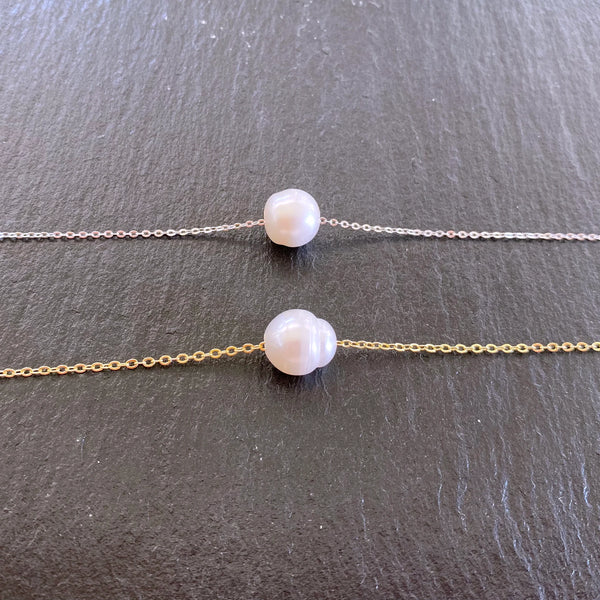 Genuine Freshwater Pearl Large Size Floating Pearl on Silver-Plated Chain or Gold-Plated Chain Necklace Handmade Boho Beach Jewelry