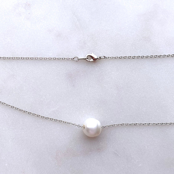 Genuine Freshwater Pearl Large Size Floating Pearl on Silver-Plated Chain or Gold-Plated Chain Necklace Handmade Boho Beach Jewelry