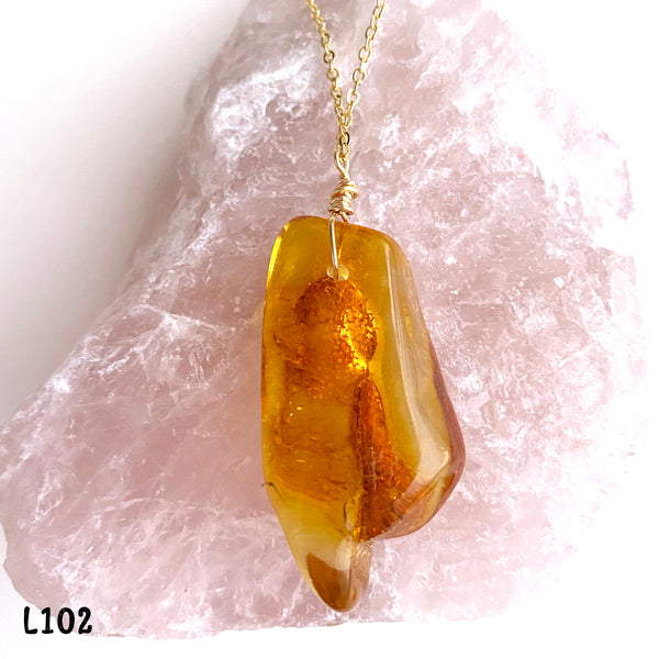Large Genuine Natural Baltic Amber Necklace #L102 - 16 Kt Gold plated chain necklace Handmade Jewelry - Great gift