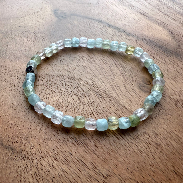 Multi-Aquamarine Blue Green Yellow Pink Morganite Cube Beads Gemstones Crystals Boho Hippie Design - Stretch Bracelet Handmade Jewelry