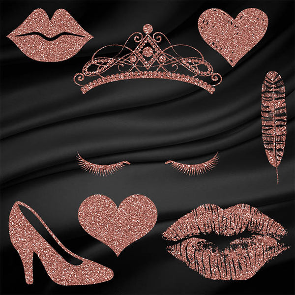 Objects Rose Gold Glitter - 8 Transparent Objects - Crown Lips Heart Transparent PNG Overlays - Instant Download Digital Clipart