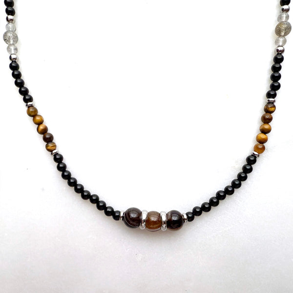 Tiger's Eye, Black Onyx, Agate Boho Hippie Design - Handmade Jewelry Necklace
