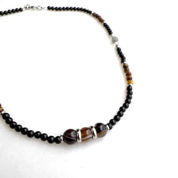 Tiger's Eye, Black Onyx, Agate Boho Hippie Design - Handmade Jewelry Necklace