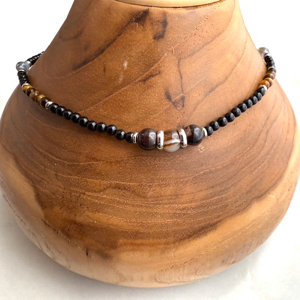 Tiger's Eye, Black Onyx, Agate Boho Hippie Design - Handmade Jewelry Necklace