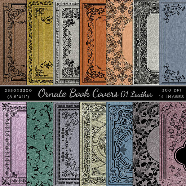 Ornate Book Covers with Spine Vol 1 Variation on Leather Backgrounds - 28 High Resolution Images - Instant Download Digital Clip art