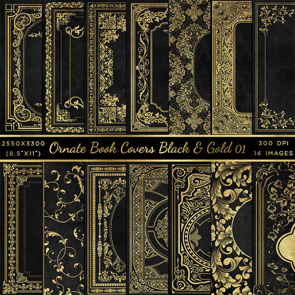Ornate Book Covers Black & Gold with Spine Vol 1 - 28 High Resolution Images - Instant Download Digital Clip art