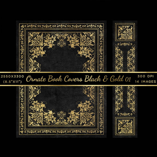Ornate Book Covers Black & Gold with Spine Vol 1 - 28 High Resolution Images - Instant Download Digital Clip art