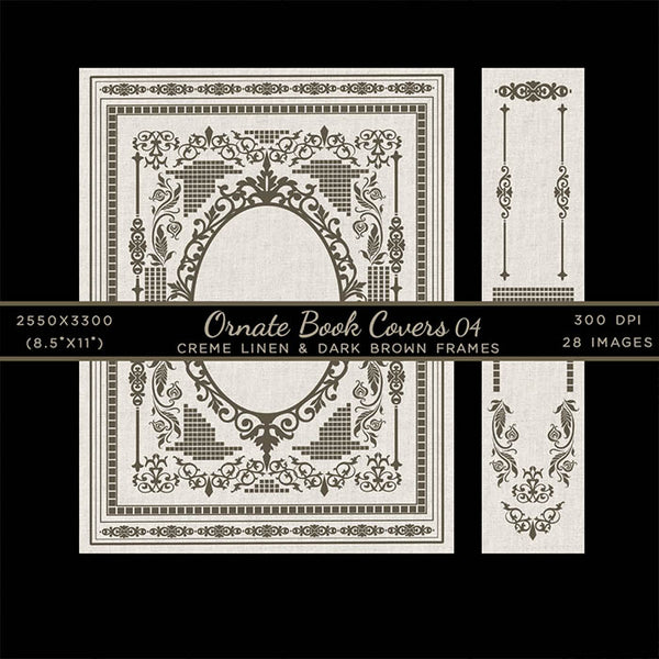 Ornate Book Covers with Spine Vol 4 Creme Linen & Dark Brown Frames - 28 High Resolution Images - Instant Download Digital Clip art