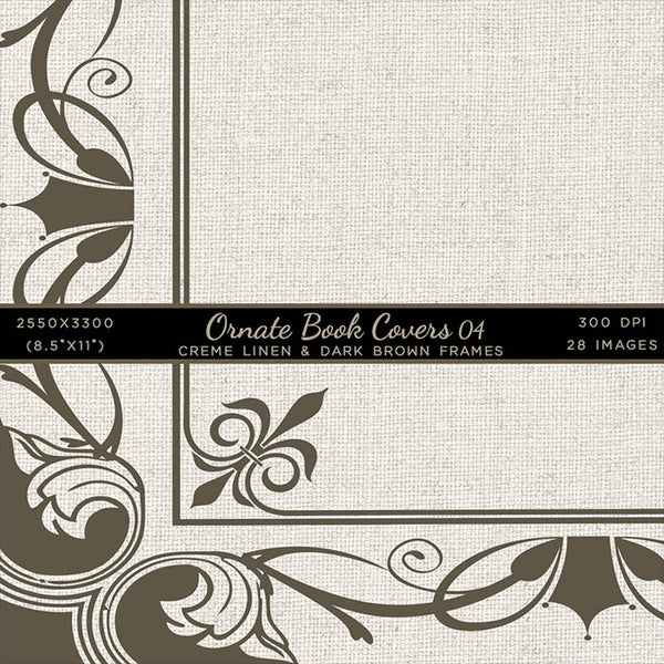 Ornate Book Covers with Spine Vol 4 Creme Linen & Dark Brown Frames - 28 High Resolution Images - Instant Download Digital Clip art
