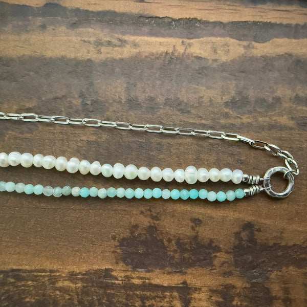 Asymmetrical Blue Green Amazonite and Freshwater Pearls Gemstones Crystals Boho Hippie Beach Design - Handmade Jewelry Necklace