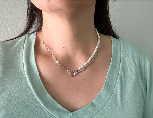 Asymmetrical Blue Green Amazonite and Freshwater Pearls Gemstones Crystals Boho Hippie Beach Design - Handmade Jewelry Necklace