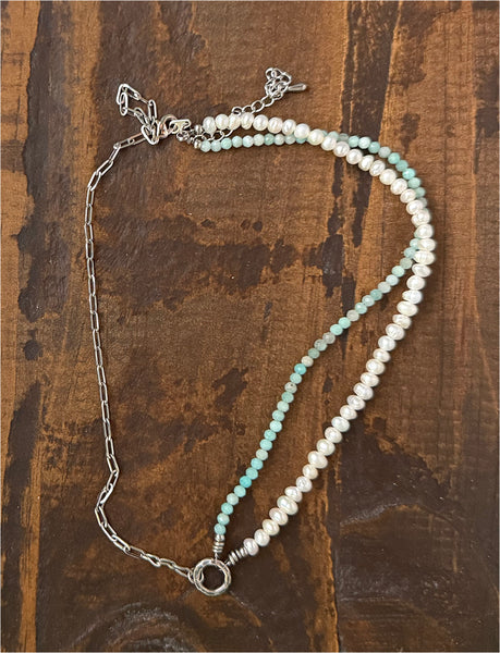 Asymmetrical Blue Green Amazonite and Freshwater Pearls Gemstones Crystals Boho Hippie Beach Design - Handmade Jewelry Necklace